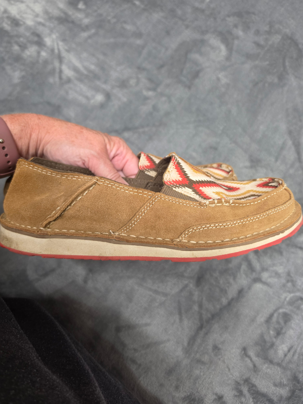 Ariat Handwoven Pattern Slip On Shoes Tan Suede Red Sole - Picture 4 of 5